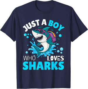 Kids Shark Lover Just A Boy Who Loves Sharks Aquarium Day T-Shirt - T-Shirt | Navy