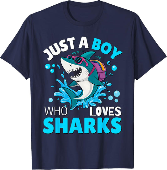 Kids Shark Lover Just A Boy Who Loves Sharks Aquarium Day T-Shirt - T-Shirt | Navy