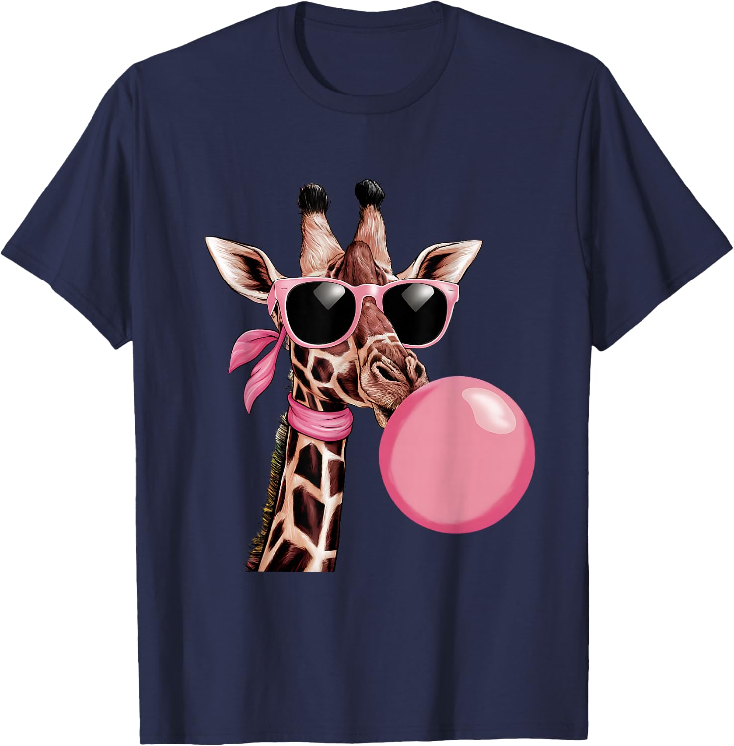 Funny Cute Giraffe Pink Bubble Gum and Pink Sunglasses T-Shirt - T-Shirt | Navy