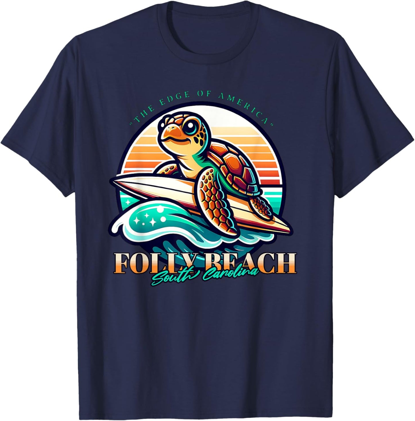 Folly Beach South Carolina Loggerhead Sea Turtle Retro Sun Women Kids T-Shirt - T-Shirt | Navy