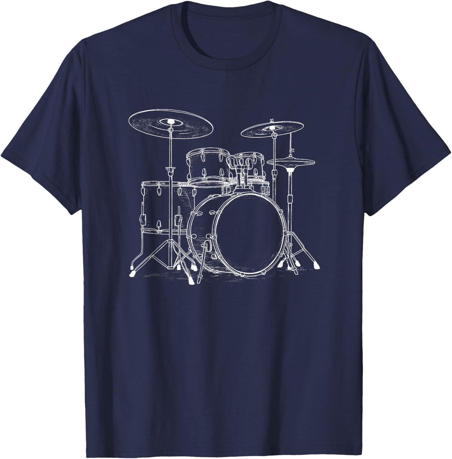 Vintage White Line Drum Set Art Retro Percussion Sketch T-Shirt - T-Shirt | Navy
