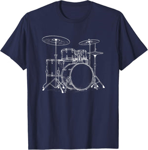 Vintage White Line Drum Set Art Retro Percussion Sketch T-Shirt - T-Shirt | Navy