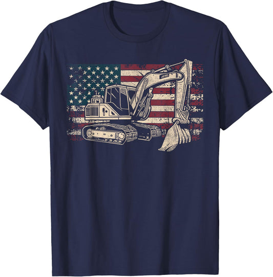Excavator American Flag Patriotic Excavator 4th of July T-Shirt - T-Shirt | Navy