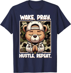 Wake Pray Hustle Repeat Hip Hop Teddy Bear Boys Teens Camo T-Shirt - T-Shirt | Navy