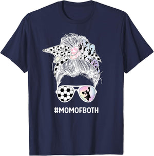 Mom Of Both Messy Bun Cheerleader & Soccer Player Mom T-Shirt - T-Shirt | Navy