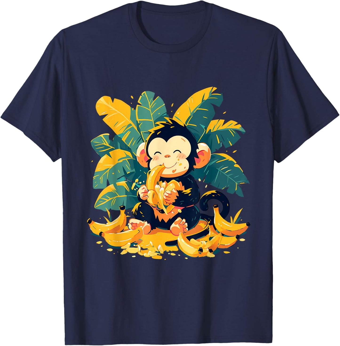 Banana Monkey Cute Monkey Nature Colourful Wildlife T-Shirt - T-Shirt | Navy