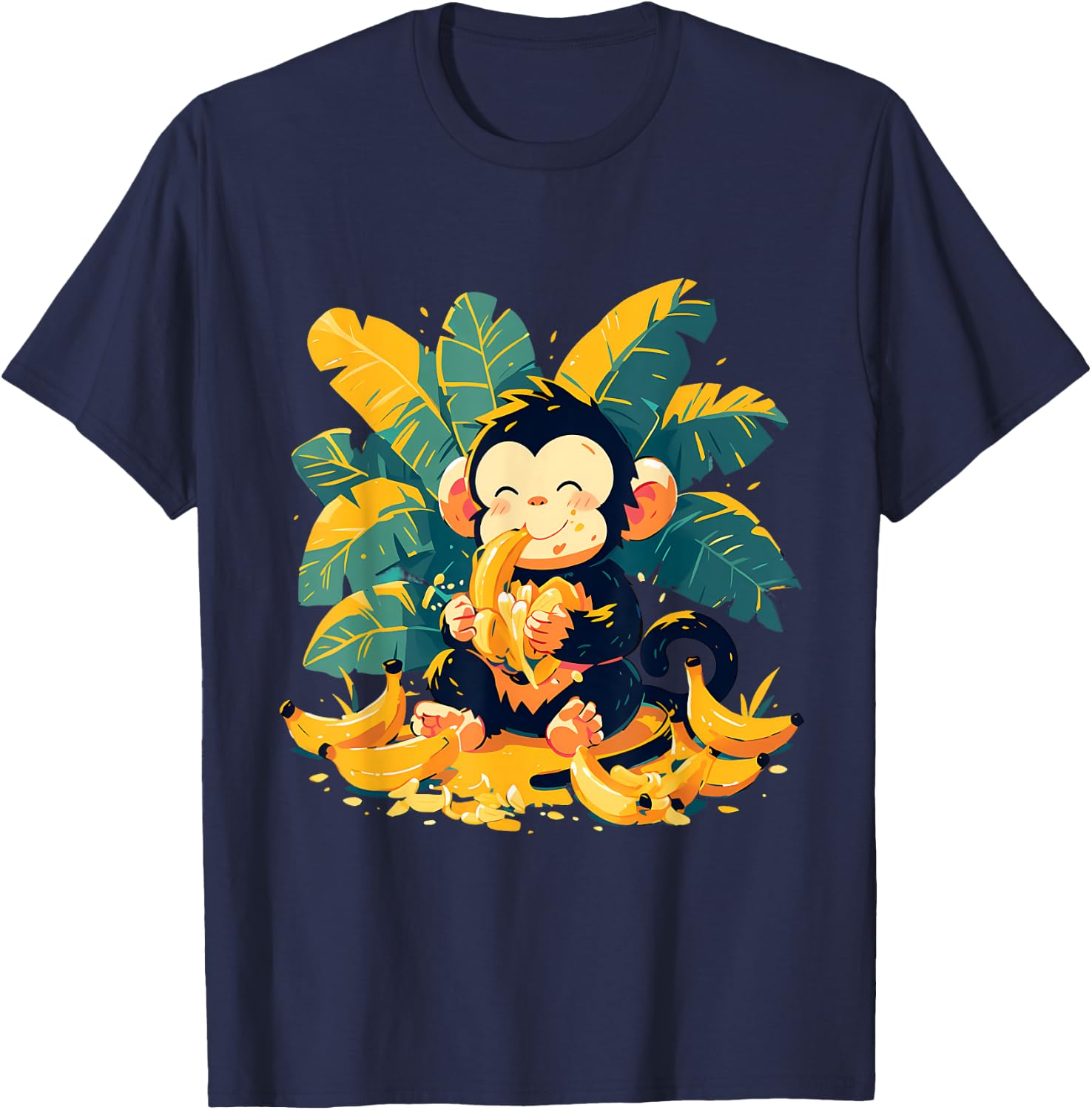Banana Monkey Cute Monkey Nature Colourful Wildlife T-Shirt - T-Shirt | Navy