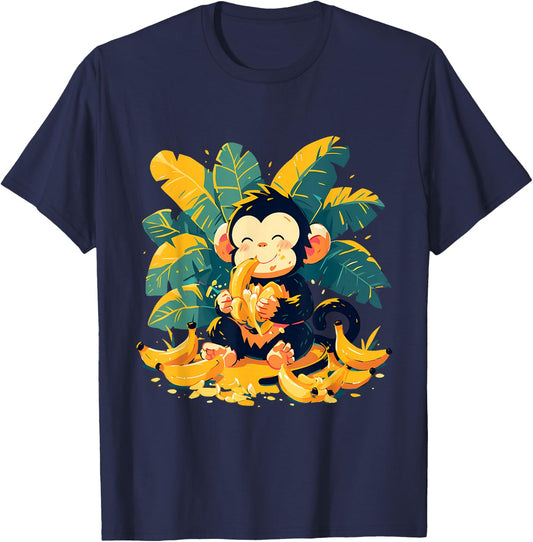 Banana Monkey Cute Monkey Nature Colourful Wildlife T-Shirt - T-Shirt | Navy