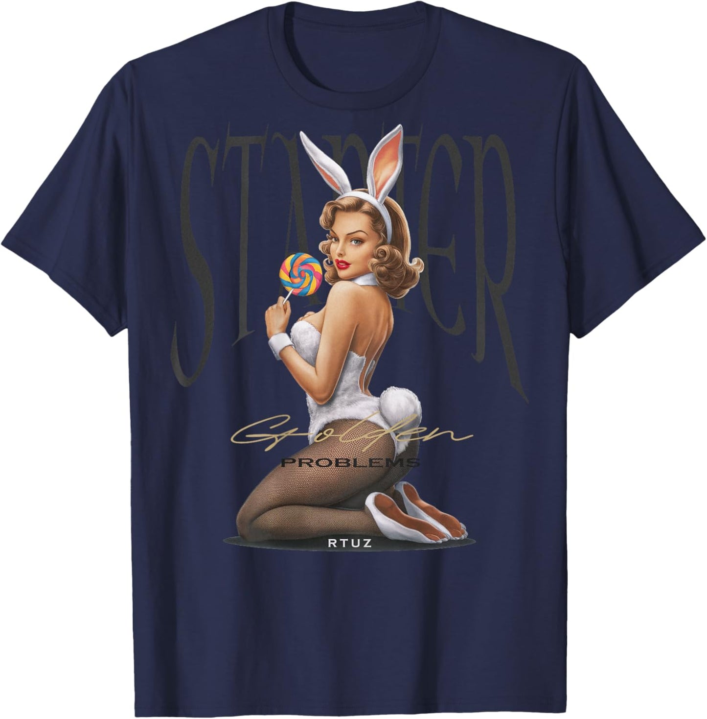 Hip Hop Vintage Hipster Edgy Urban Y2K Back Print Streetwear T-Shirt - T-Shirt | Navy