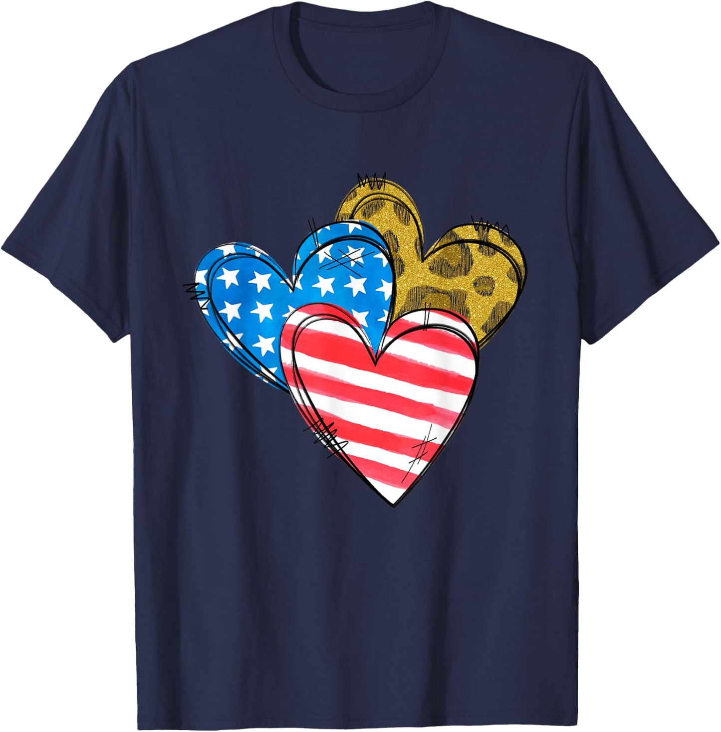 Leopard American Flag Heart Shirt 4th Of July Cute Patriotic T-Shirt - T-Shirt | Navy