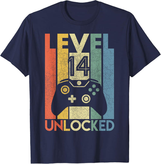 Level 14 Unlocked Shirt Funny Video Gamer 14th Birthday Gift T-Shirt - T-Shirt | Navy