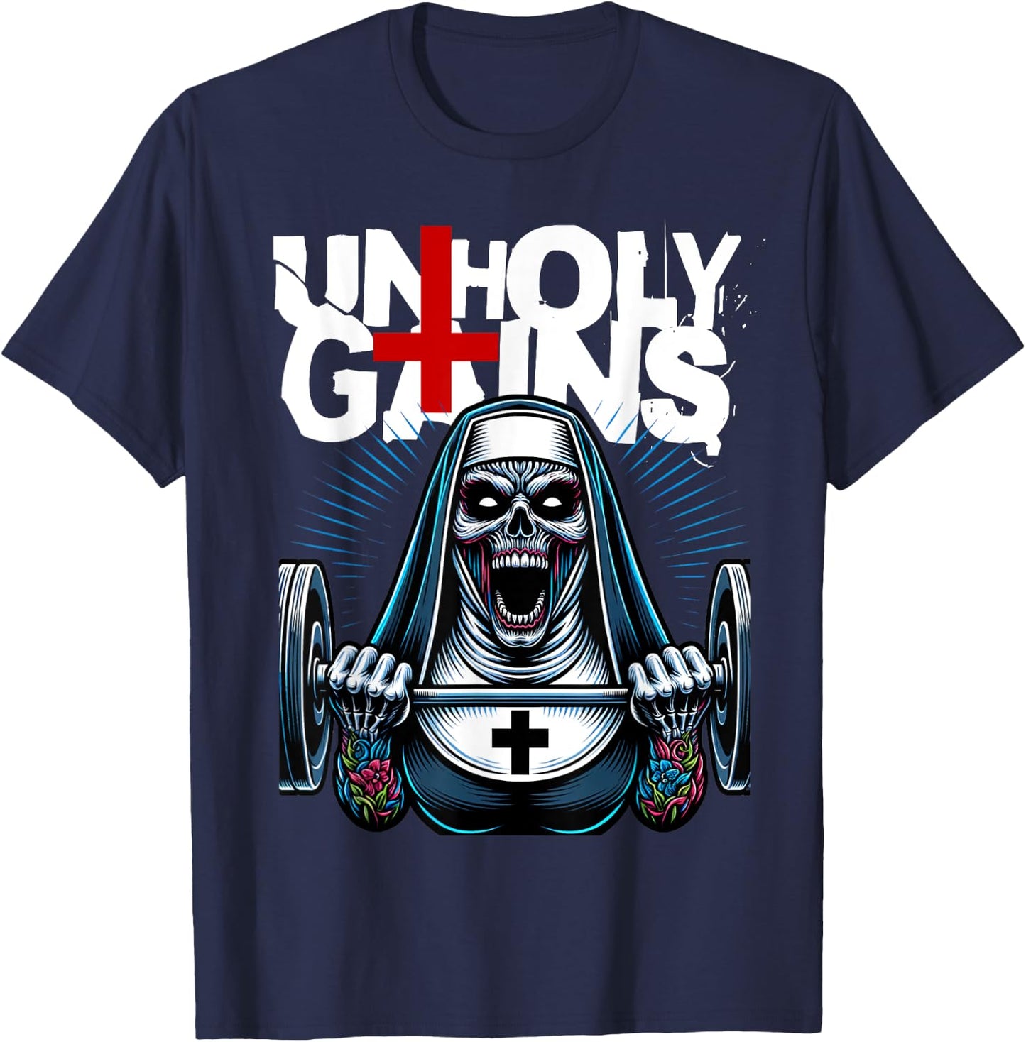 Unholy Gains Satanic Workout Devil Worship Nun Lifting T-Shirt - T-Shirt | Navy