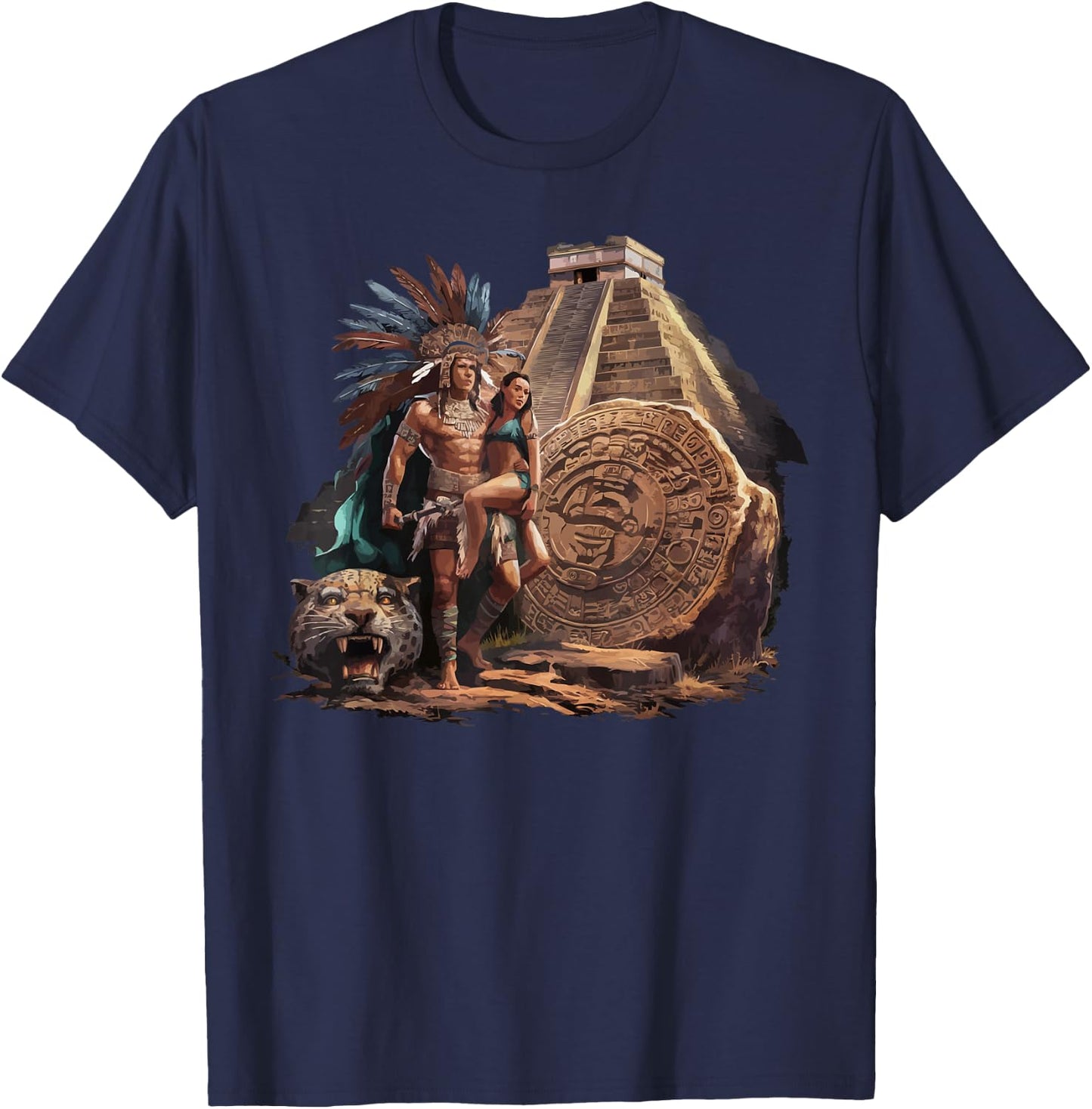 Aztec Warrior Mayan Indigenous Mexican Aztec Jaguar T-Shirt - T-Shirt | Navy