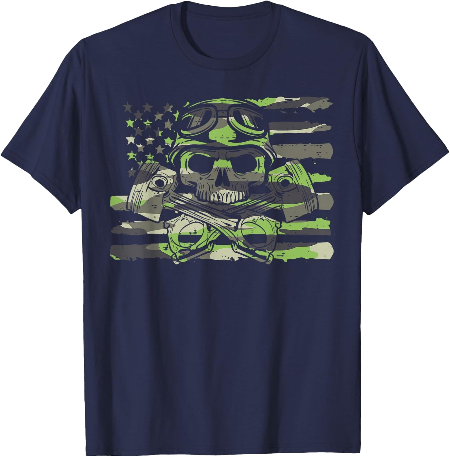Biker Camo US Flag Skull Pistons Motorcycle Men Boys Kids T-Shirt - T-Shirt | Navy