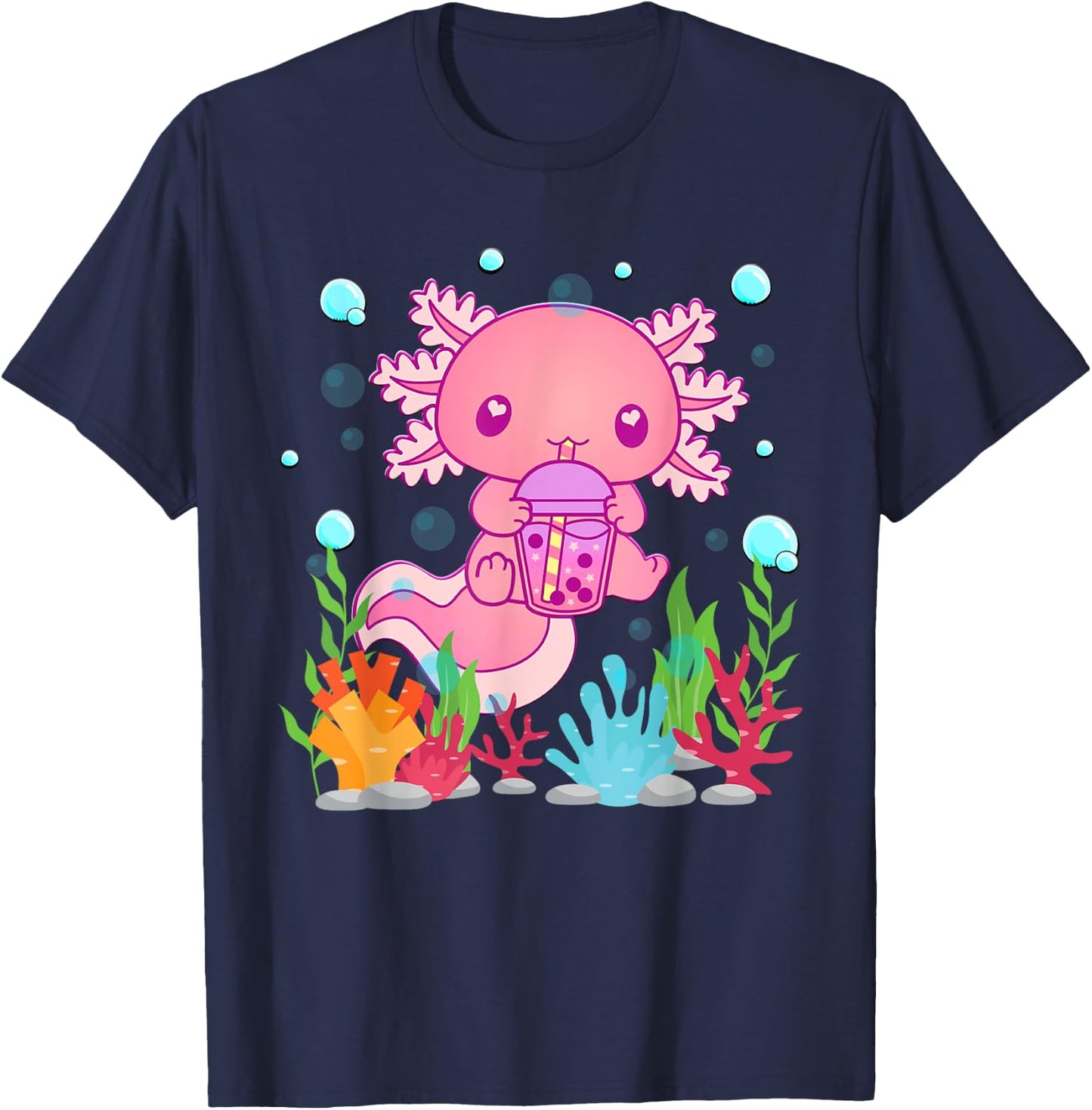 Cute Axolotl Boba Tea Kawaii Anime Teen Girls Kids Boys T-Shirt - T-Shirt | Navy