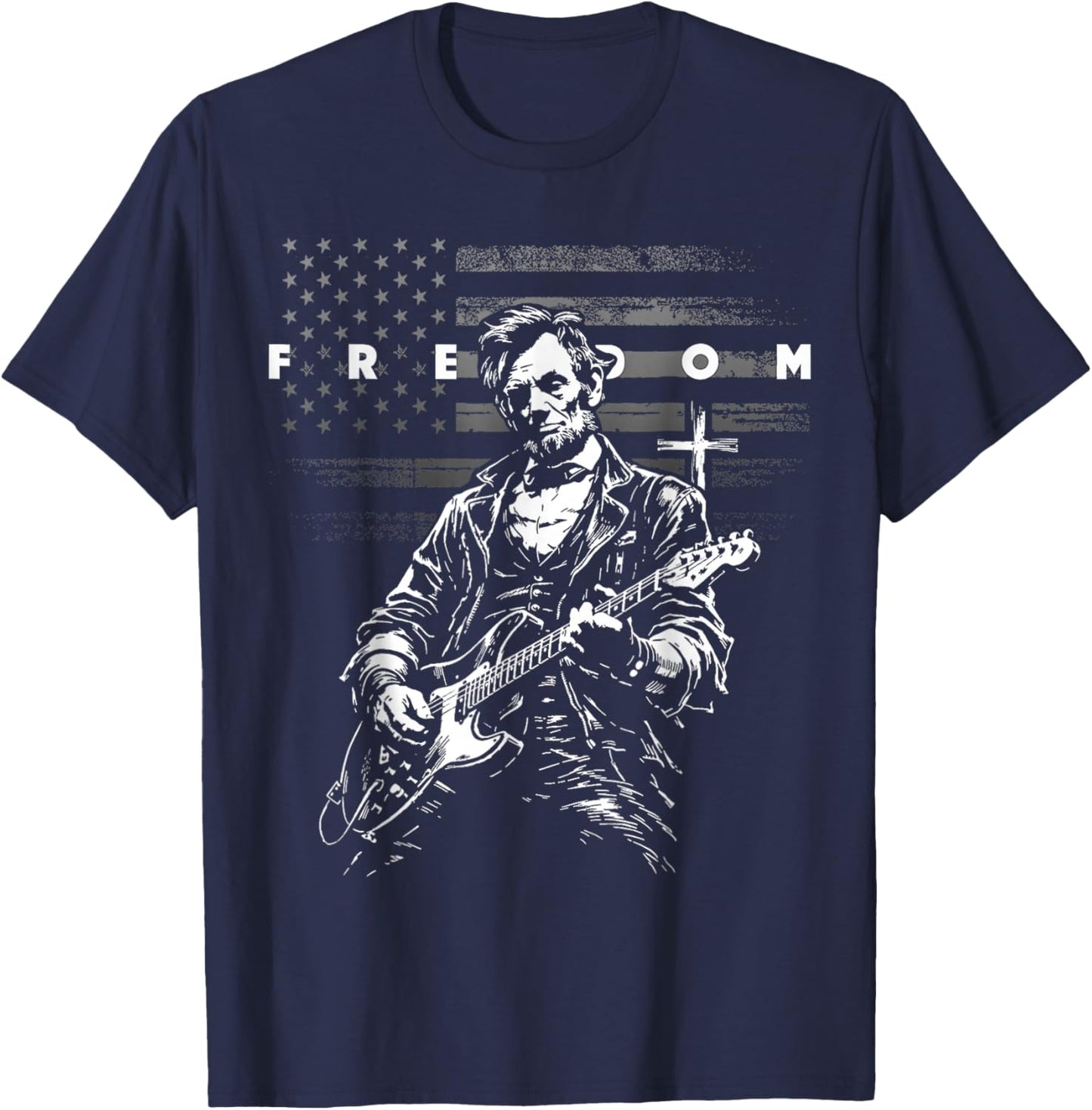 American Flag and Cross Faith Freedom Abe Lincoln Guitar T-Shirt - T-Shirt | Navy