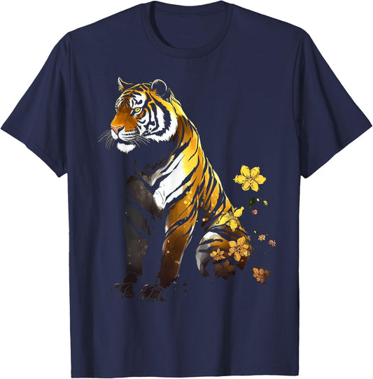 Tiger Artwork Flowers - Animal Art Tiger T-Shirt - T-Shirt | Navy