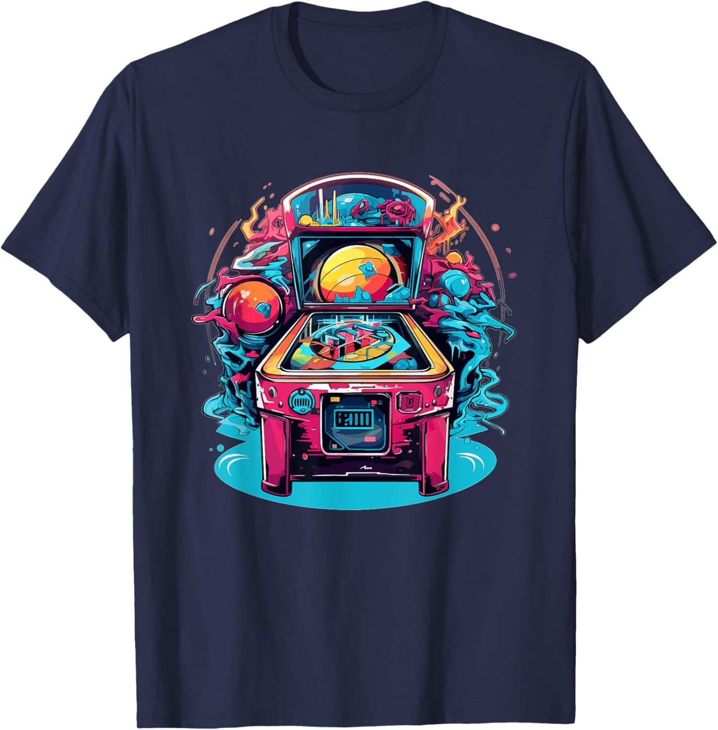 Vibrant Cosmic Pinball Machine Adventure T-Shirt - T-Shirt | Navy