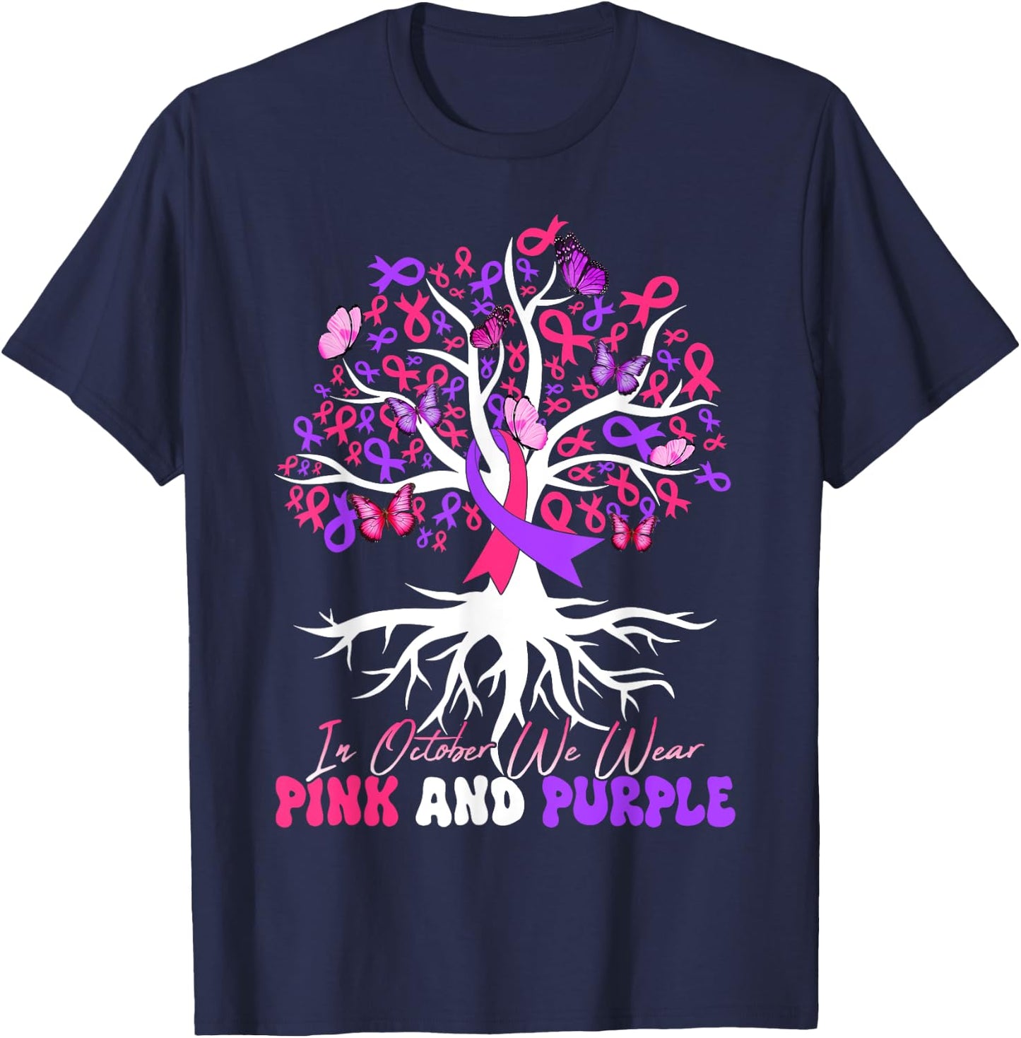 Domestic Violence Breast Cancer Awareness Month Ribbon Tree T-Shirt - T-Shirt | Navy