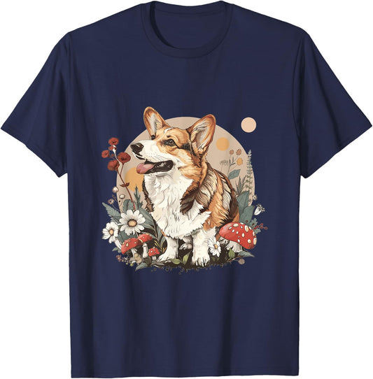 Welsh Corgi Pembroke Floral Cottagecore Aesthetics T-Shirt - T-Shirt | Navy