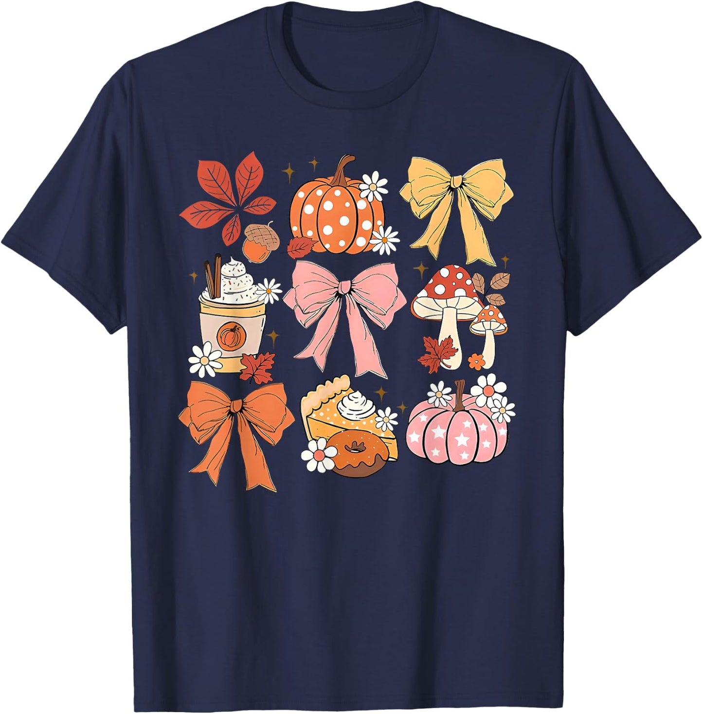 Coquette Bow Pumpkin Season Thanksgiving Autumn Fall Leaves T-Shirt - T-Shirt | Navy