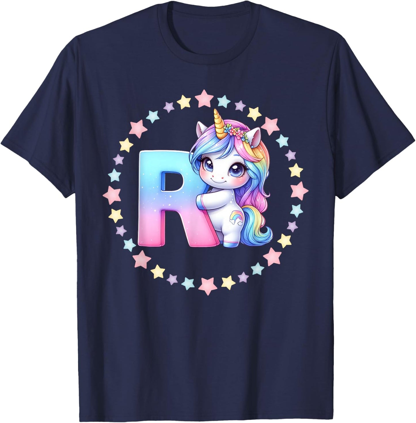 Unicorn Letter R Initial Rainbow Monogram Women Girls Kids T-Shirt - T-Shirt | Navy