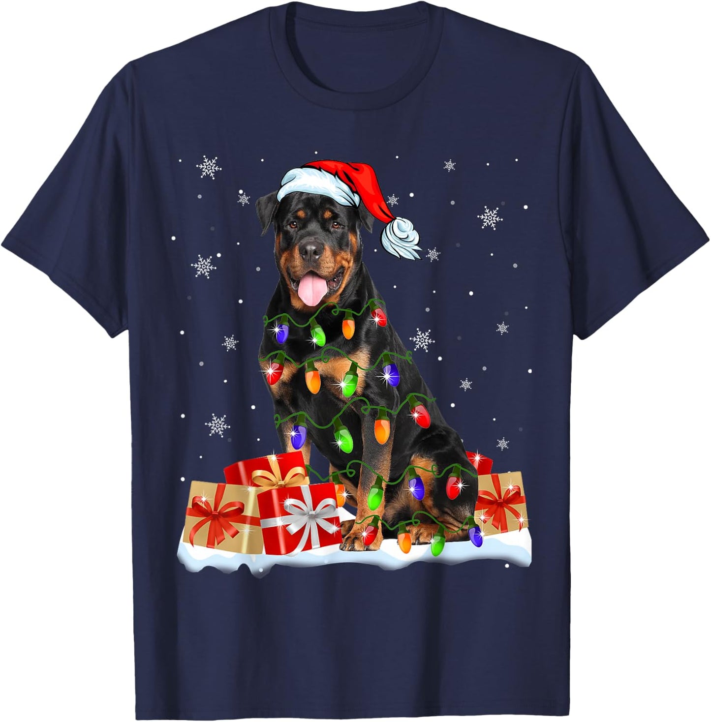 Rottweiler Santa Christmas Tree Light Xmas Puggy Lover Gifts T-Shirt - T-Shirt | Navy