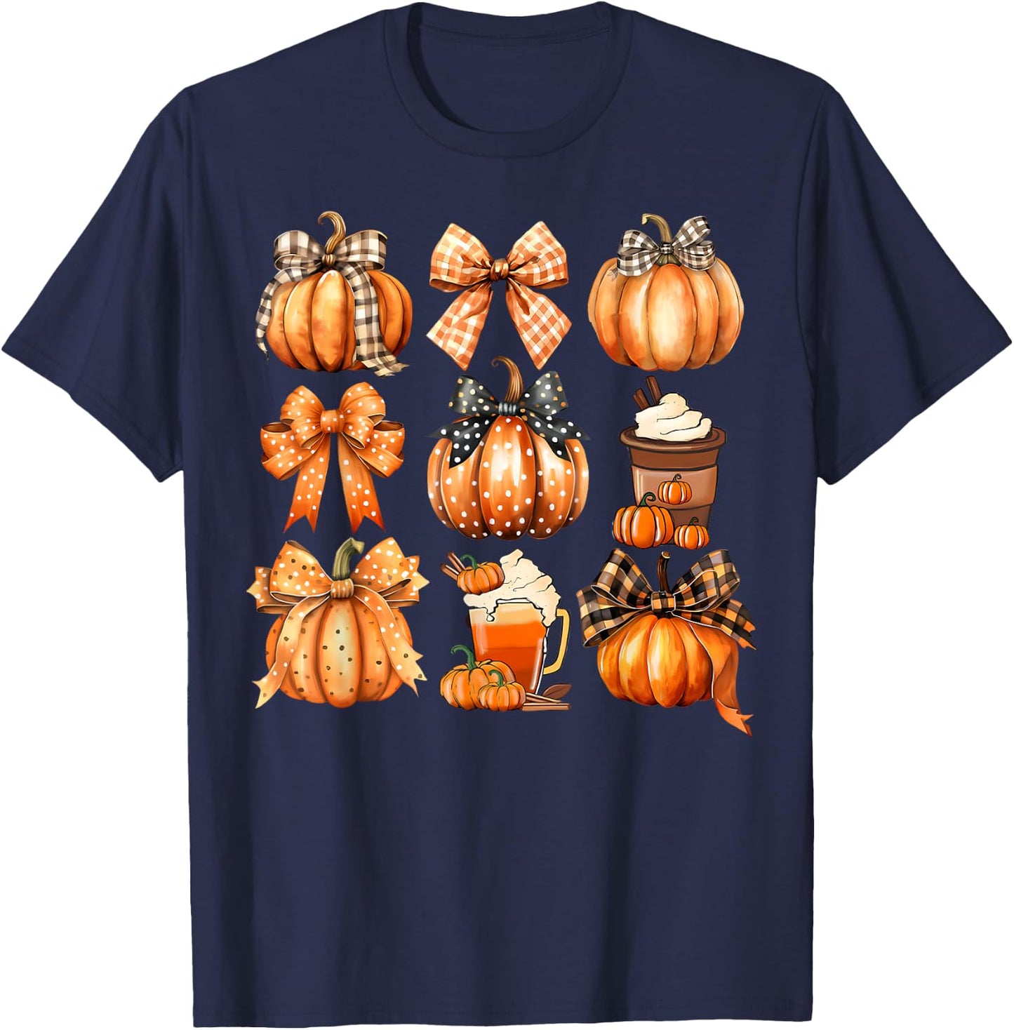 Retro Thanksgiving Pumpkin Coquette Bow Pumpkin Spice Plaid T-Shirt - T-Shirt | Navy