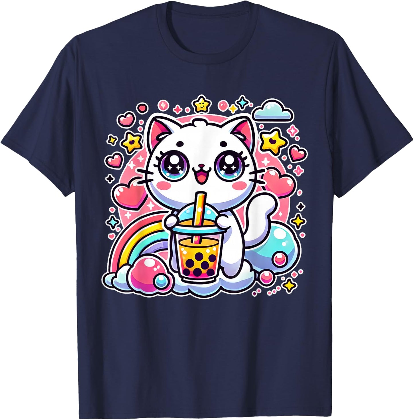 Cute Cat Boba Tea Bubble Tea Anime Kawaii Neko Gift T-Shirt - T-Shirt | Navy