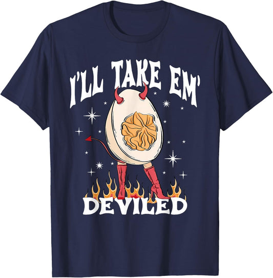 I'll Take Em' Deviled Eggs Retro Halloween - -Adults, Black, Small, Short Sleeve T-Shirt - T-Shirt | Navy