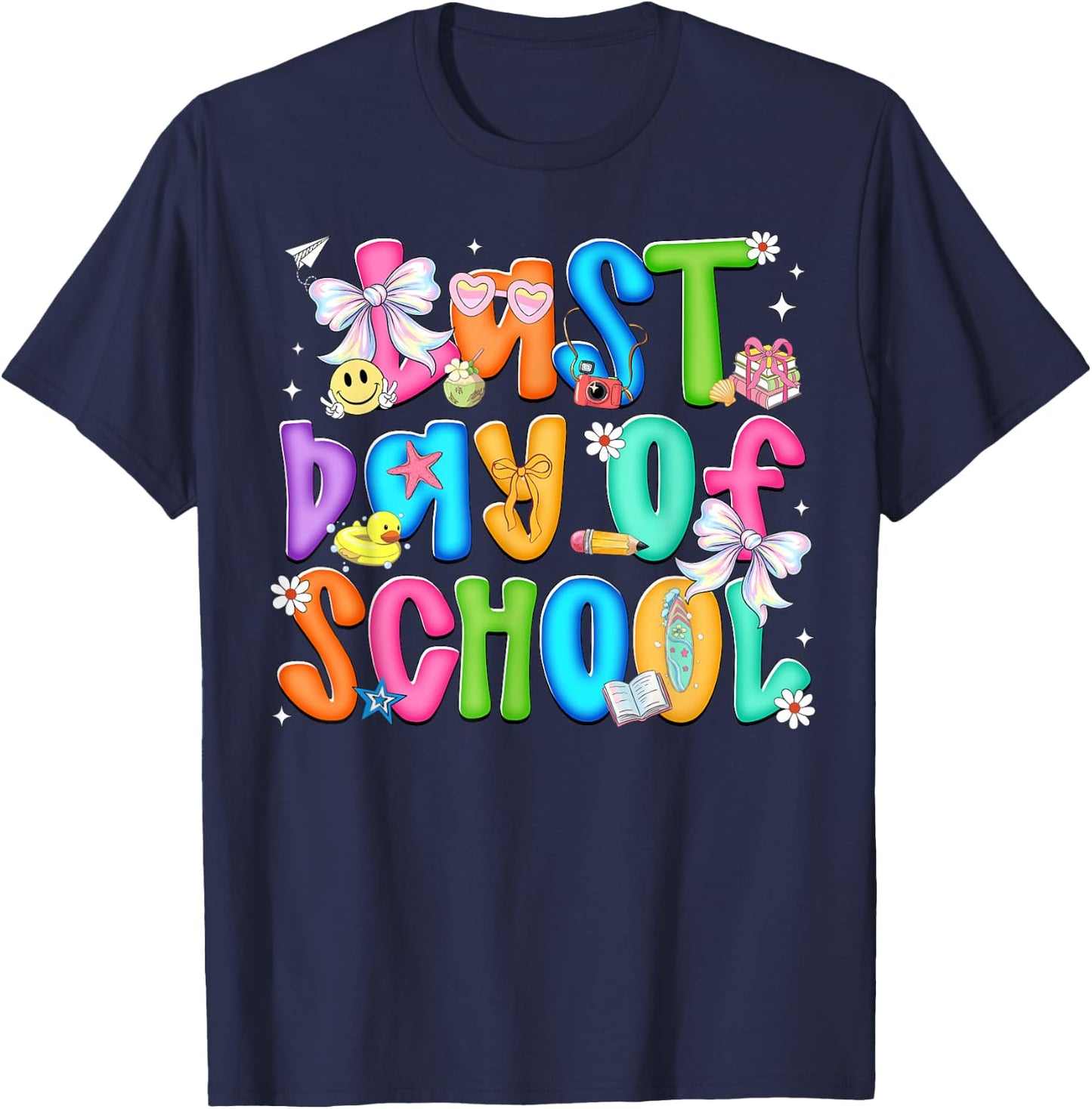 Last Day of School Colorful Coquette Bow Teacher Kids Girls T-Shirt - T-Shirt | Navy