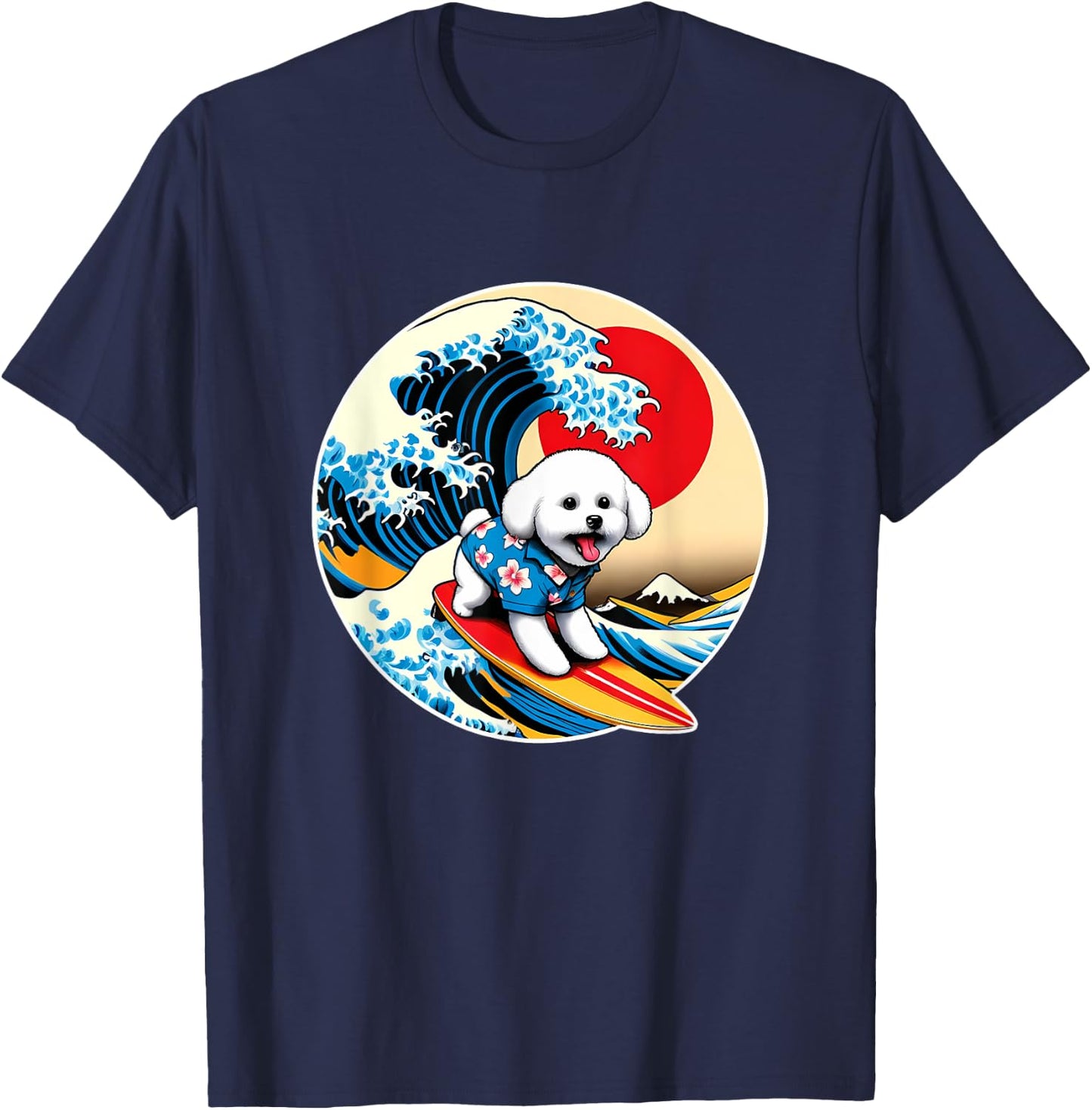 Great Wave Kanagawa Bichon Frise Dog Surfing T-Shirt - T-Shirt | Navy