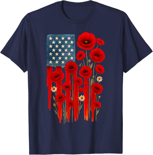 Poppy Flower Veterans Day USA Flag Memorial Day 4TH Of July T-Shirt - T-Shirt | Navy