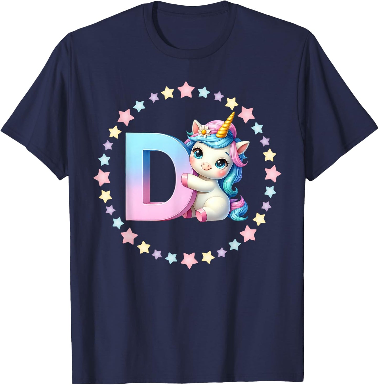 Unicorn Letter D Initial Rainbow Monogram for Girls and Kids T-Shirt - T-Shirt | Navy