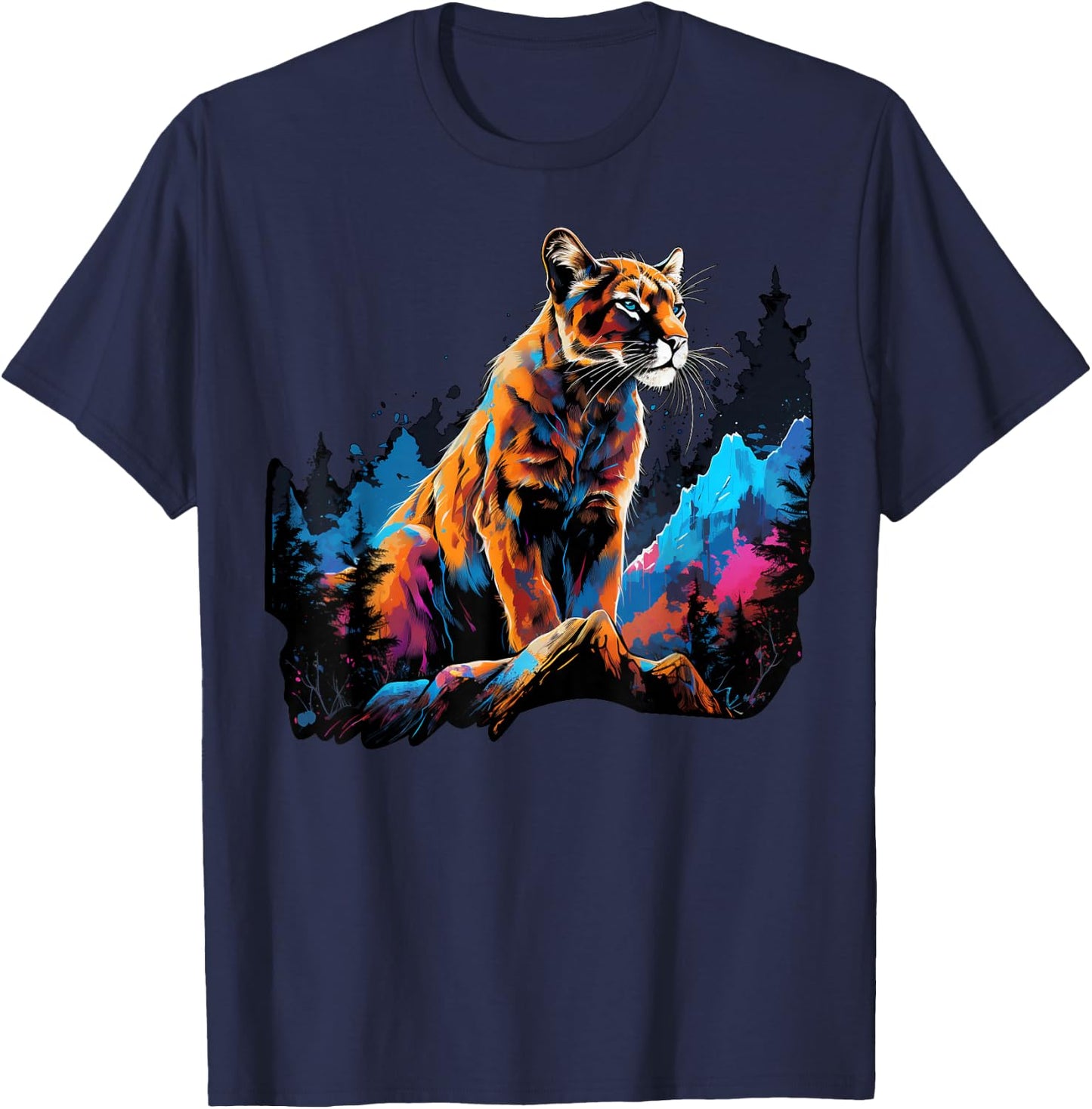 Cool Lion Cougar on colorful painted Mountain Lion Cougar T-Shirt - T-Shirt | Navy