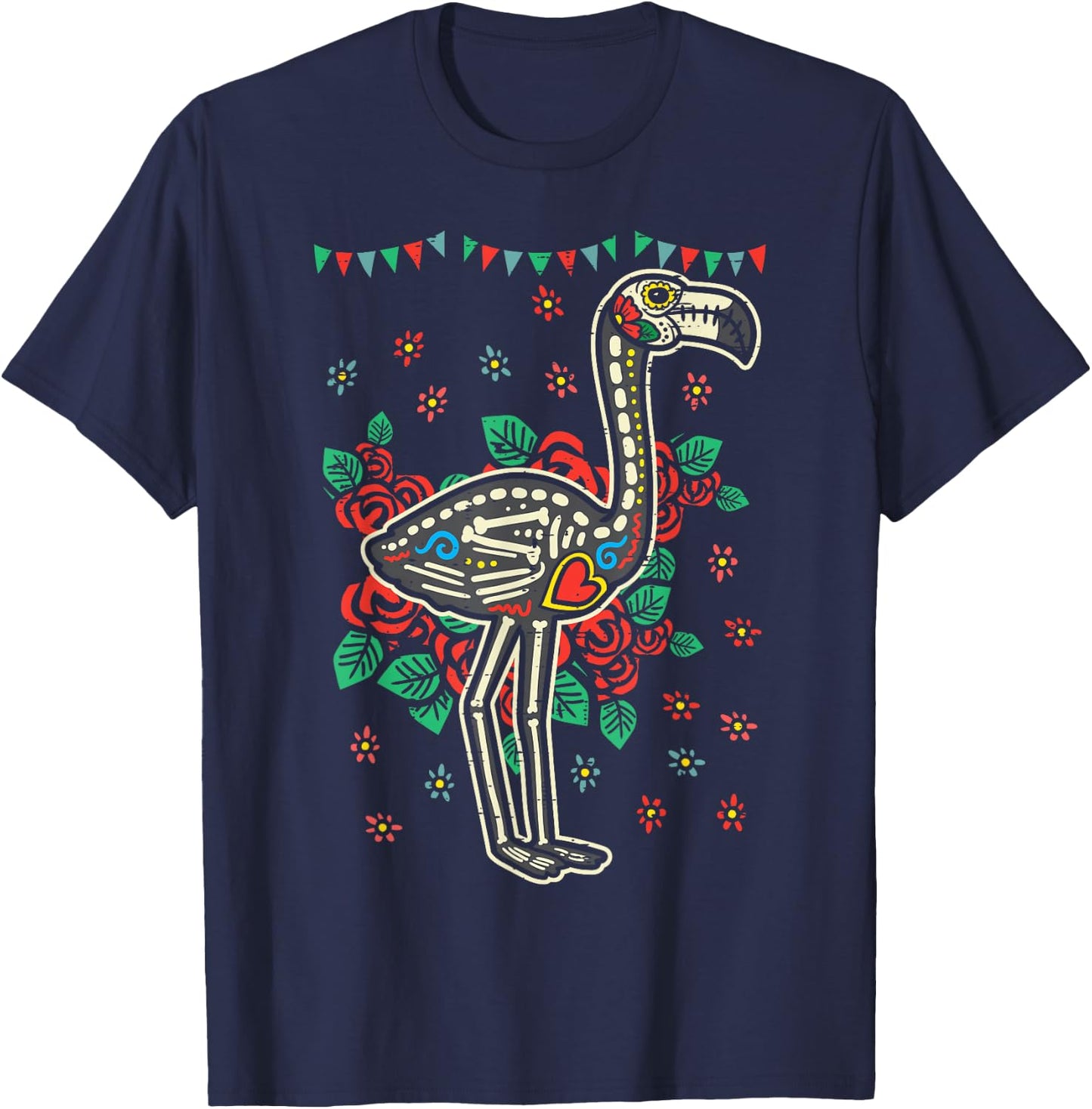 Sugar Skull Flamingo Dia De Muertos Mexican Halloween Bird T-Shirt - T-Shirt | Navy