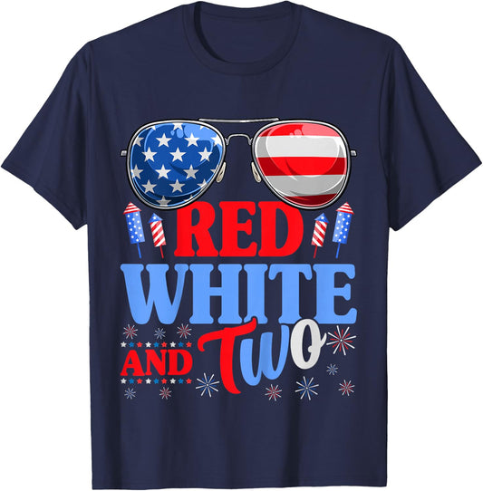 Kids Red White And Two 4th Of July 2nd Birthday Party Kids T-Shirt - T-Shirt | Navy