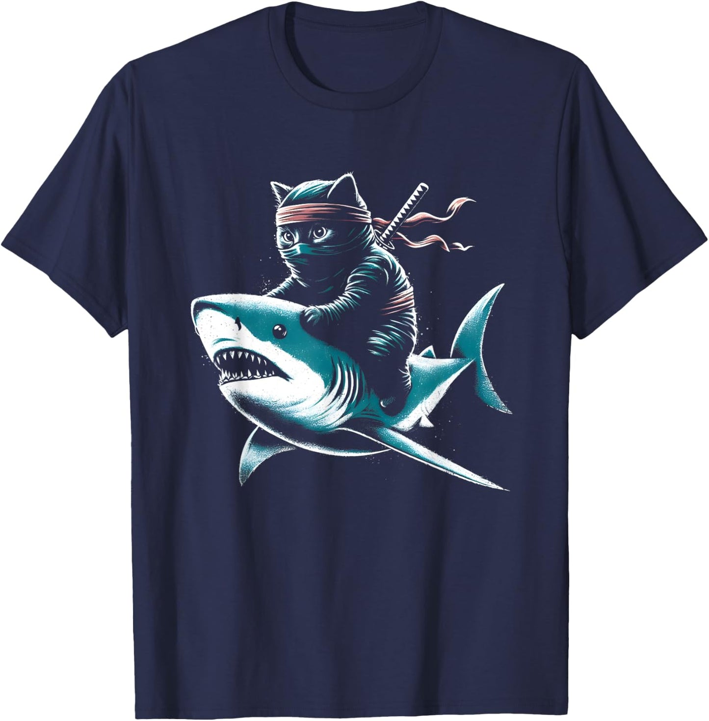 Ninja Cat Riding Shark - Funny Graphic Cat Kitten Lover Women Kids T-Shirt - T-Shirt | Navy