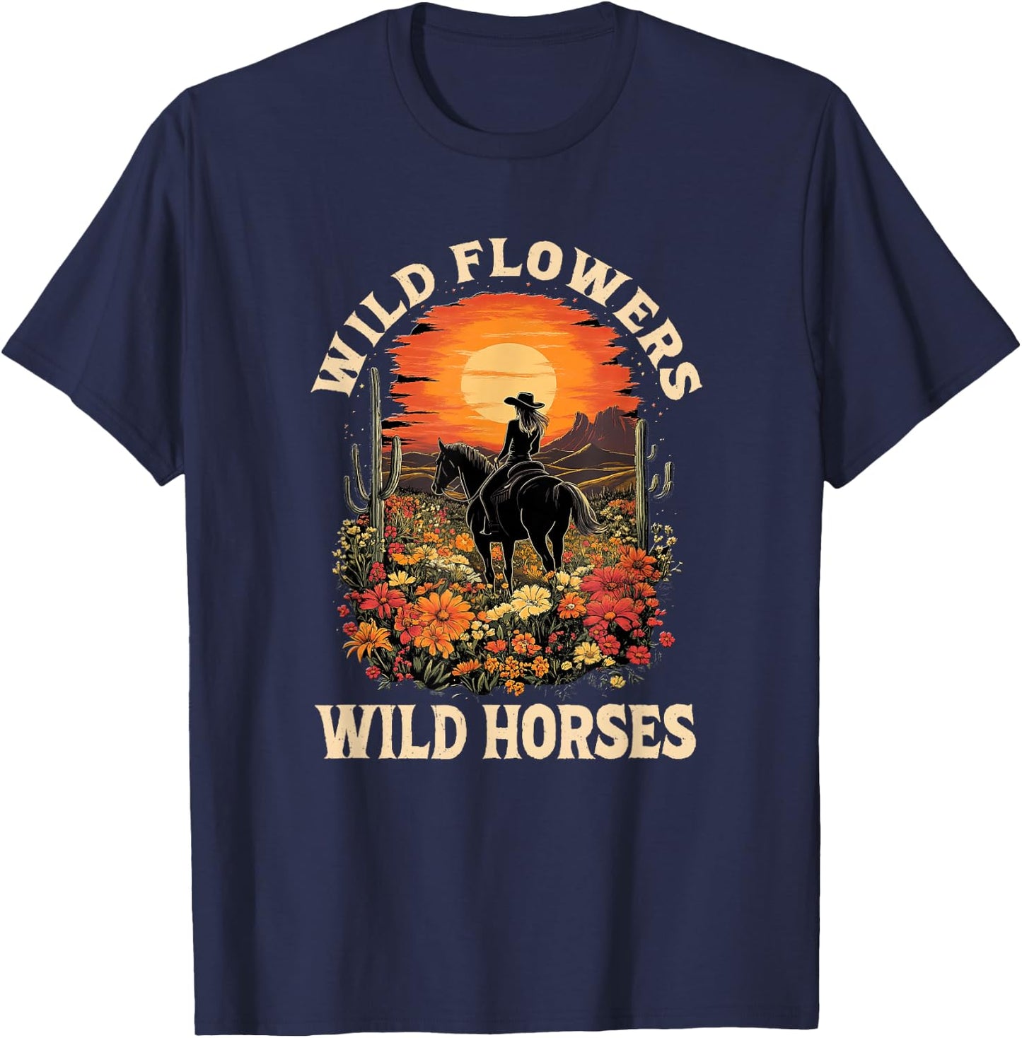 Western Sunset Cowgirl Riding Horse Wild Flowers Wild Horses T-Shirt - T-Shirt | Navy