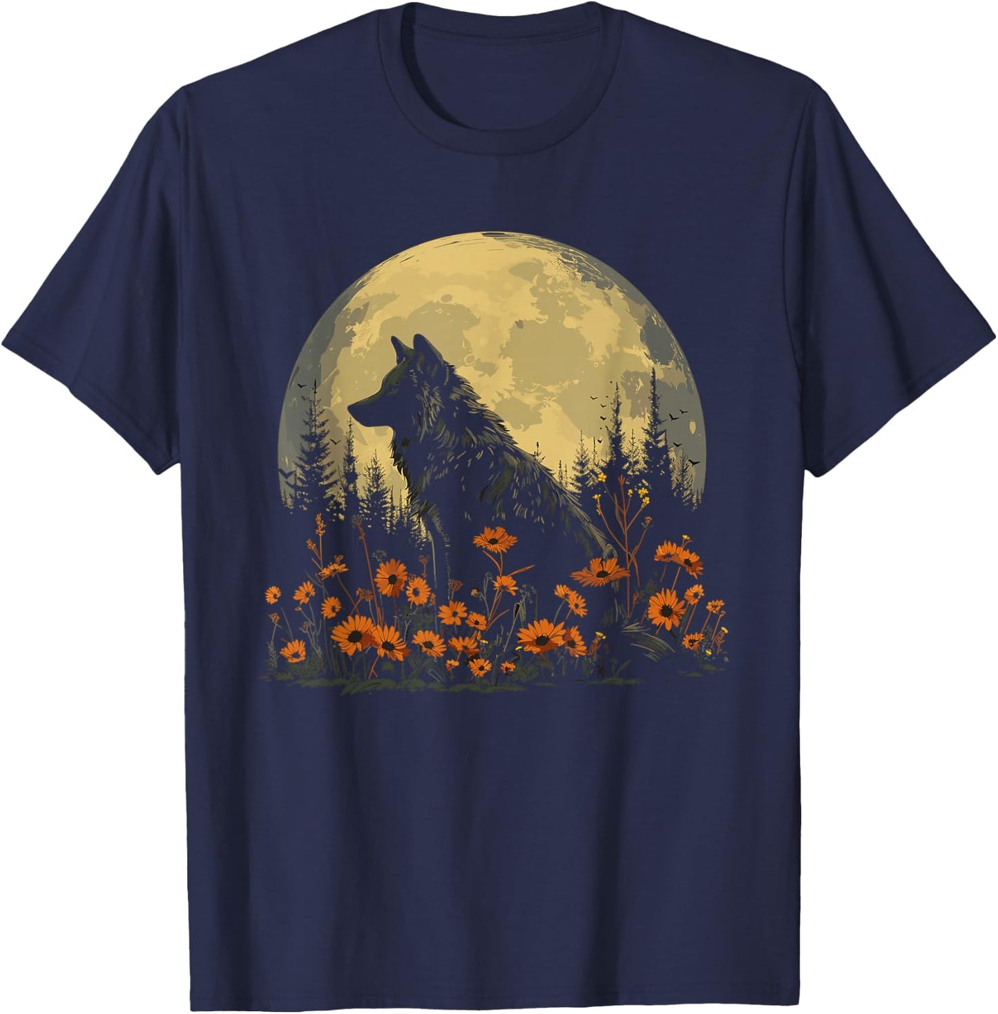 Wolf Floral Full Moon Wolves Flowers T-Shirt - T-Shirt | Navy