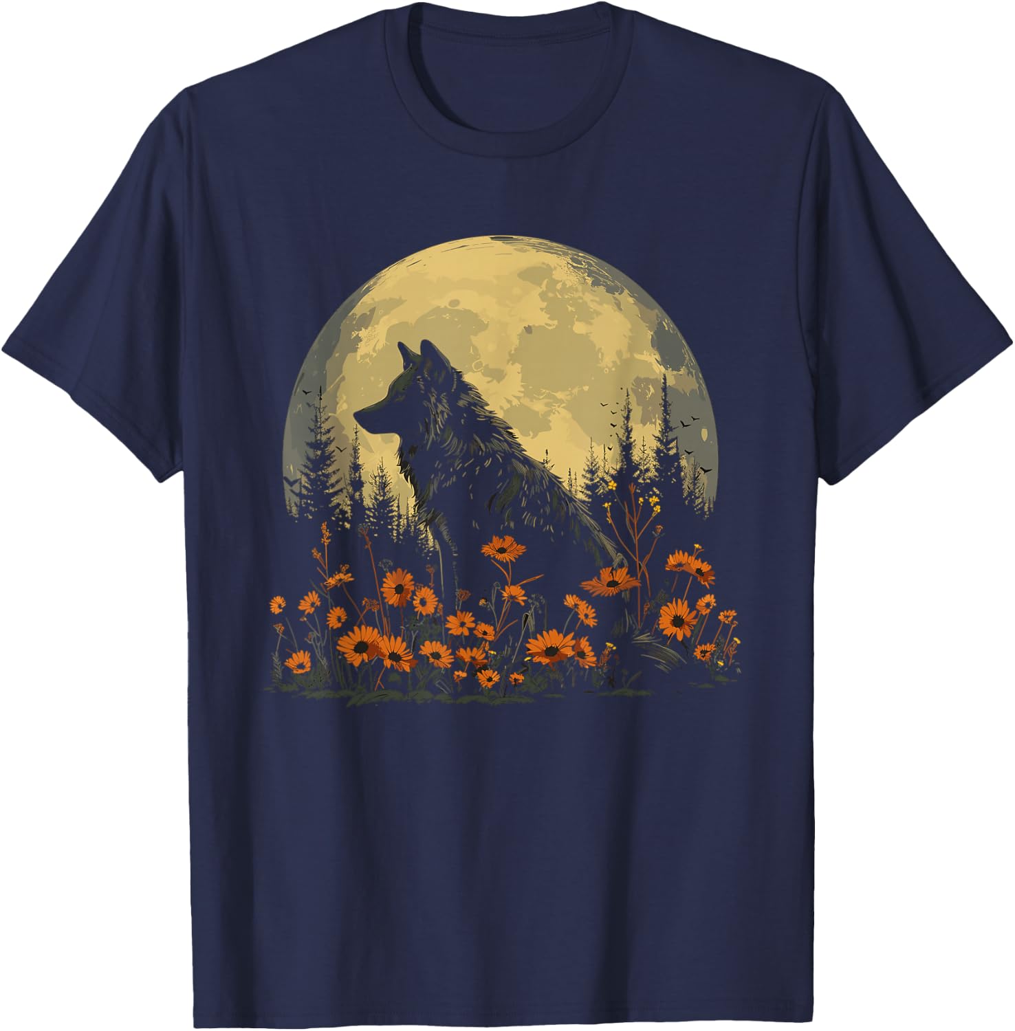 Wolf Floral Full Moon Wolves Flowers T-Shirt - T-Shirt | Navy