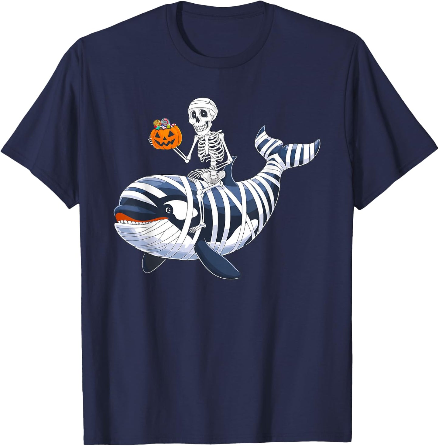Skeleton Riding Mummy Orca Halloween Candy Whale T-Shirt - T-Shirt | Navy