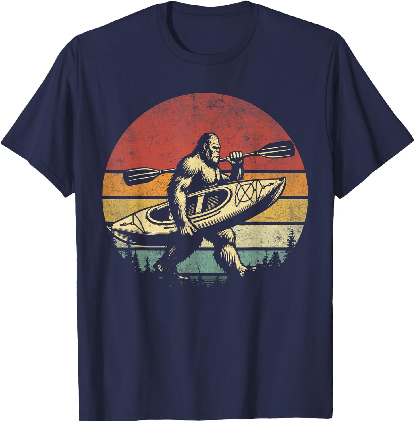 Funny Retro Bigfoot Kayaking Cool Vintage Sasquatch Kayaking , Small, Black T-Shirt - T-Shirt | Navy