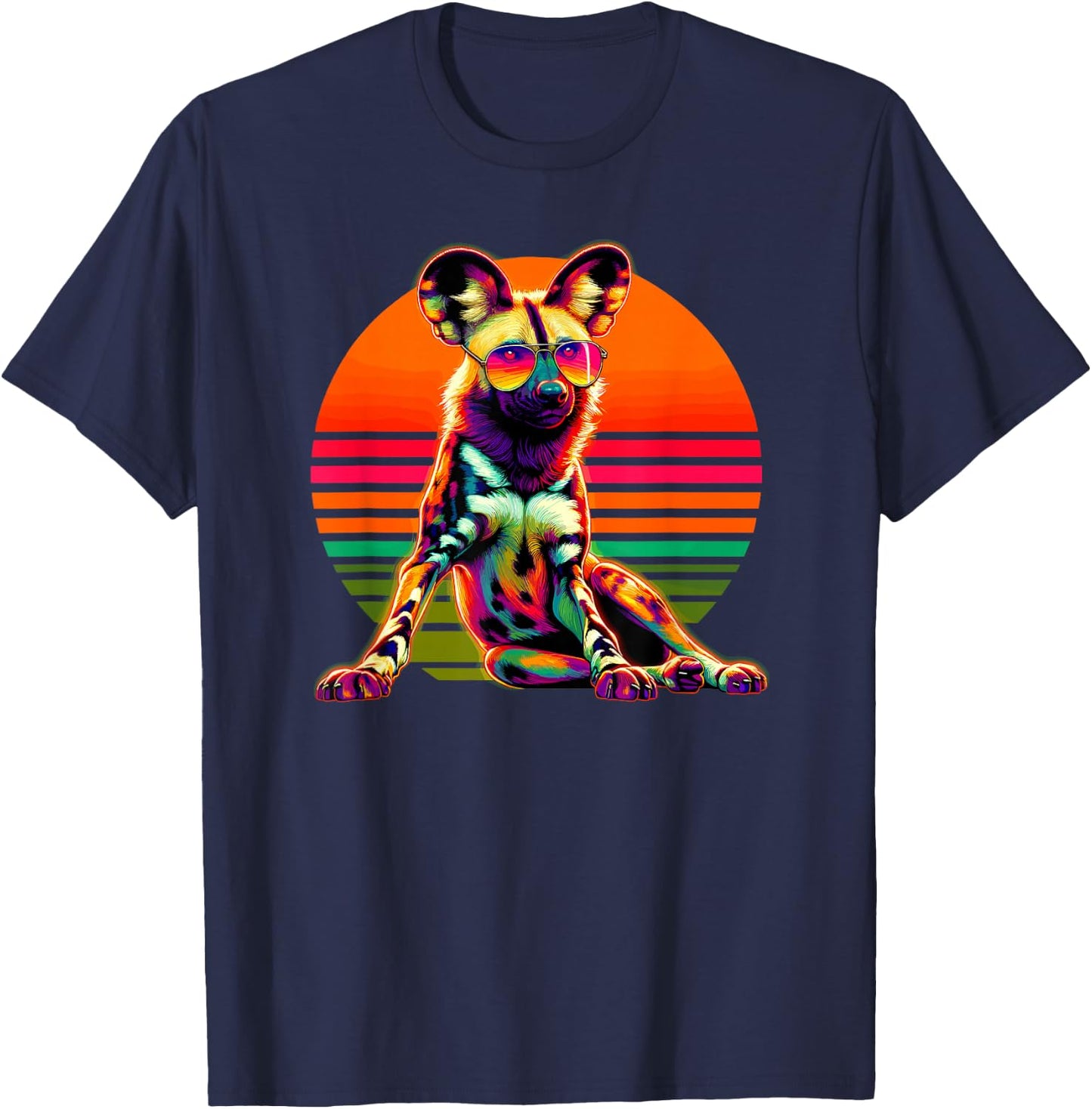 Retro Sunset Sunglasses African Wild Dog Painted Dog T-Shirt - T-Shirt | Navy