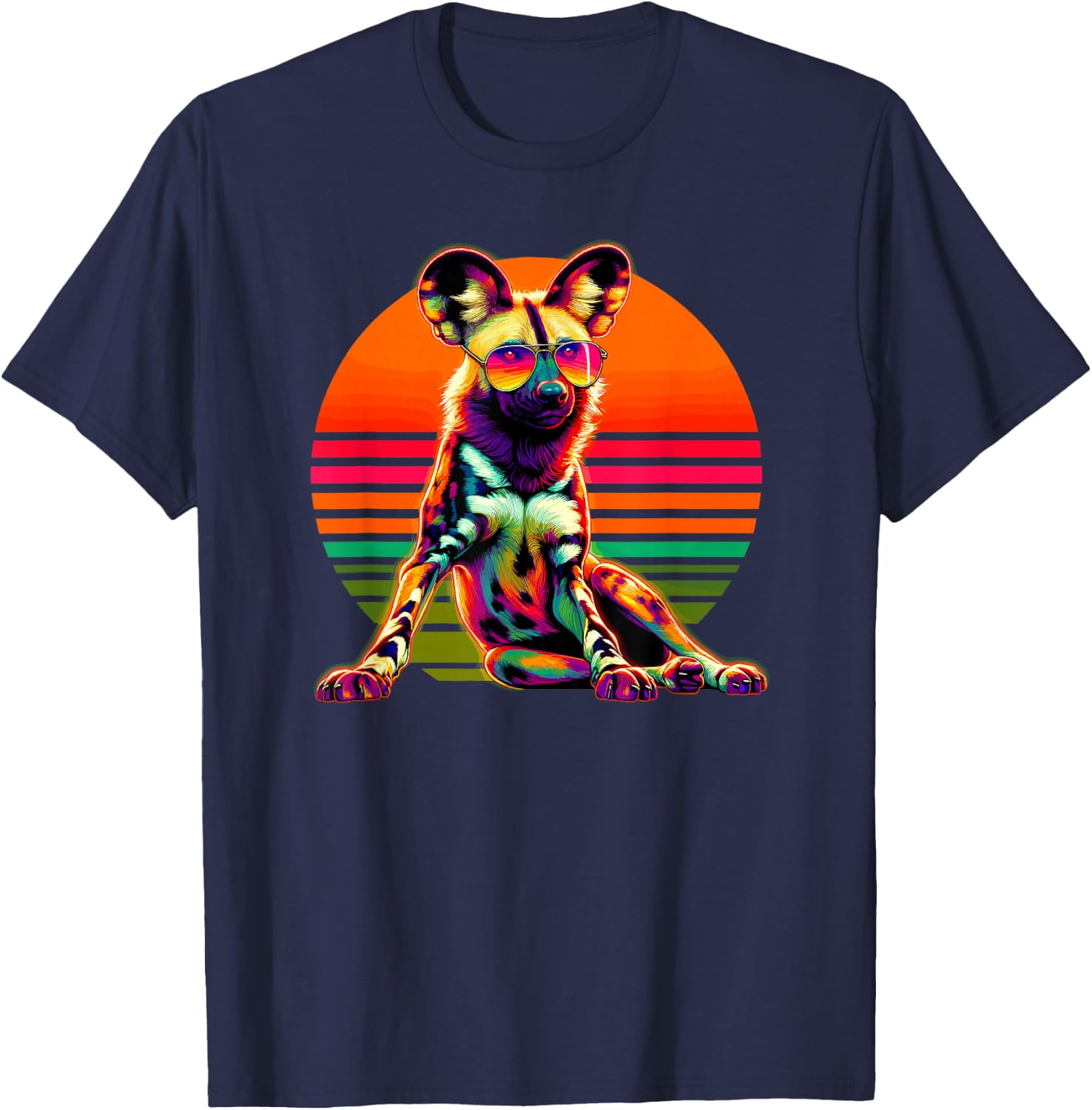 Retro Sunset Sunglasses African Wild Dog Painted Dog T-Shirt - T-Shirt | Navy