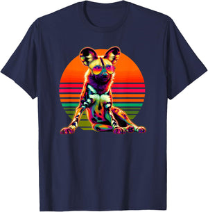 Retro Sunset Sunglasses African Wild Dog Painted Dog T-Shirt - T-Shirt | Navy