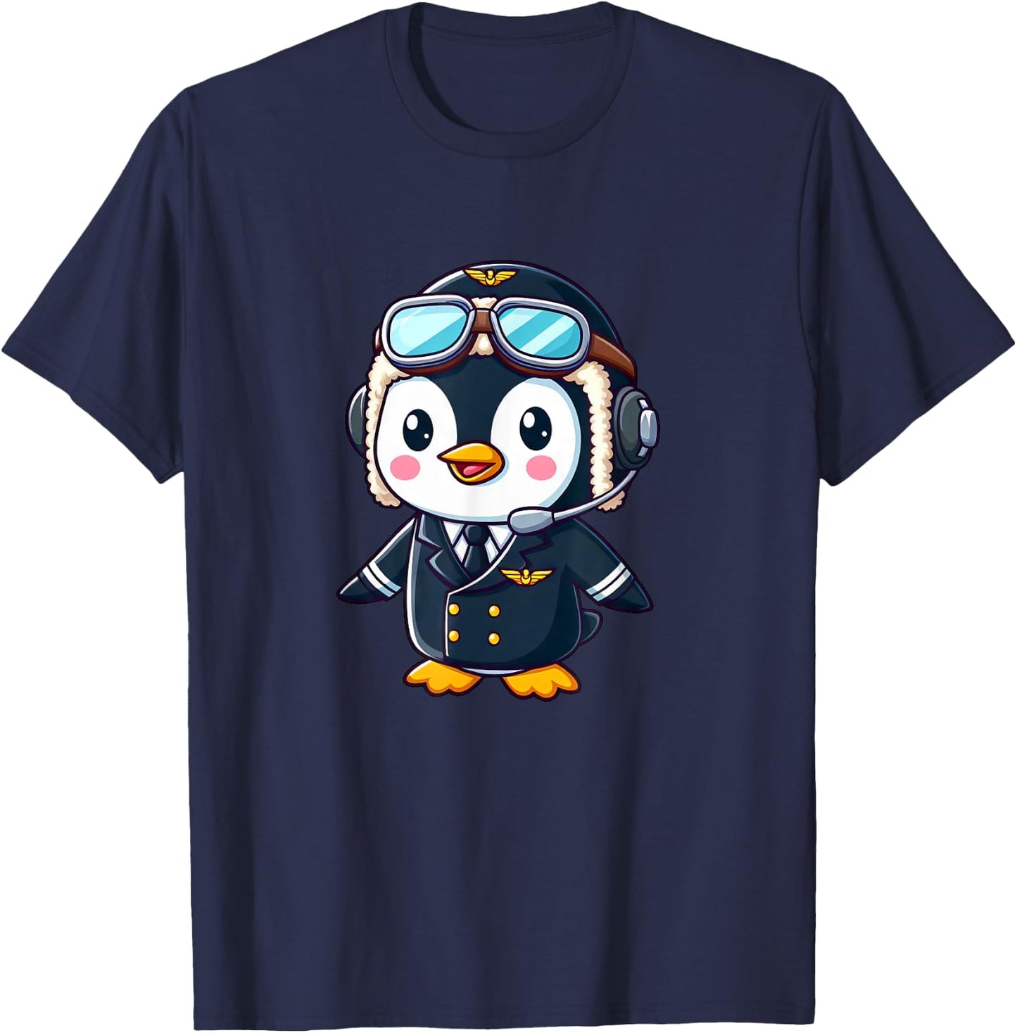 Penguin Cartoon Pilot Flying Airplane T-Shirt - T-Shirt | Navy
