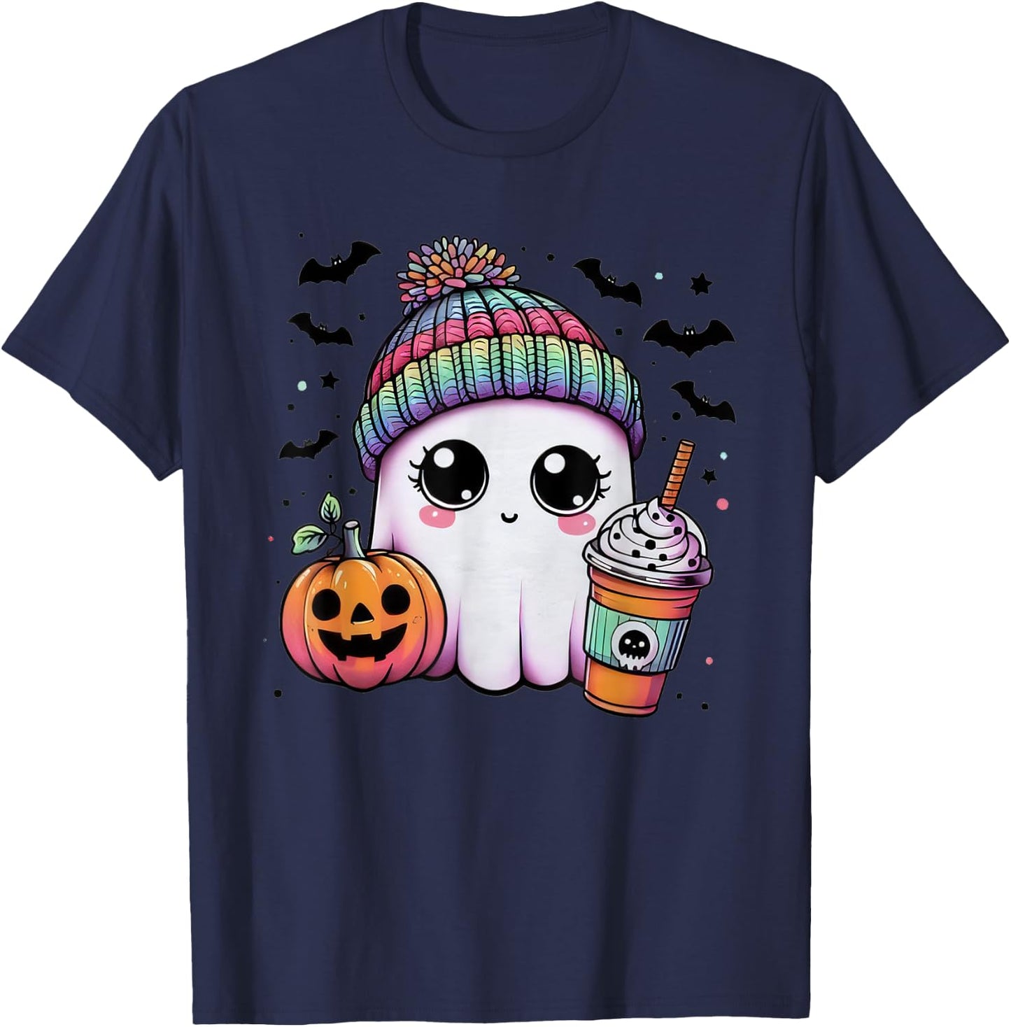 Cute Ghost Drinking Coffee Halloween Ghost Ice Coffee T-Shirt - T-Shirt | Navy