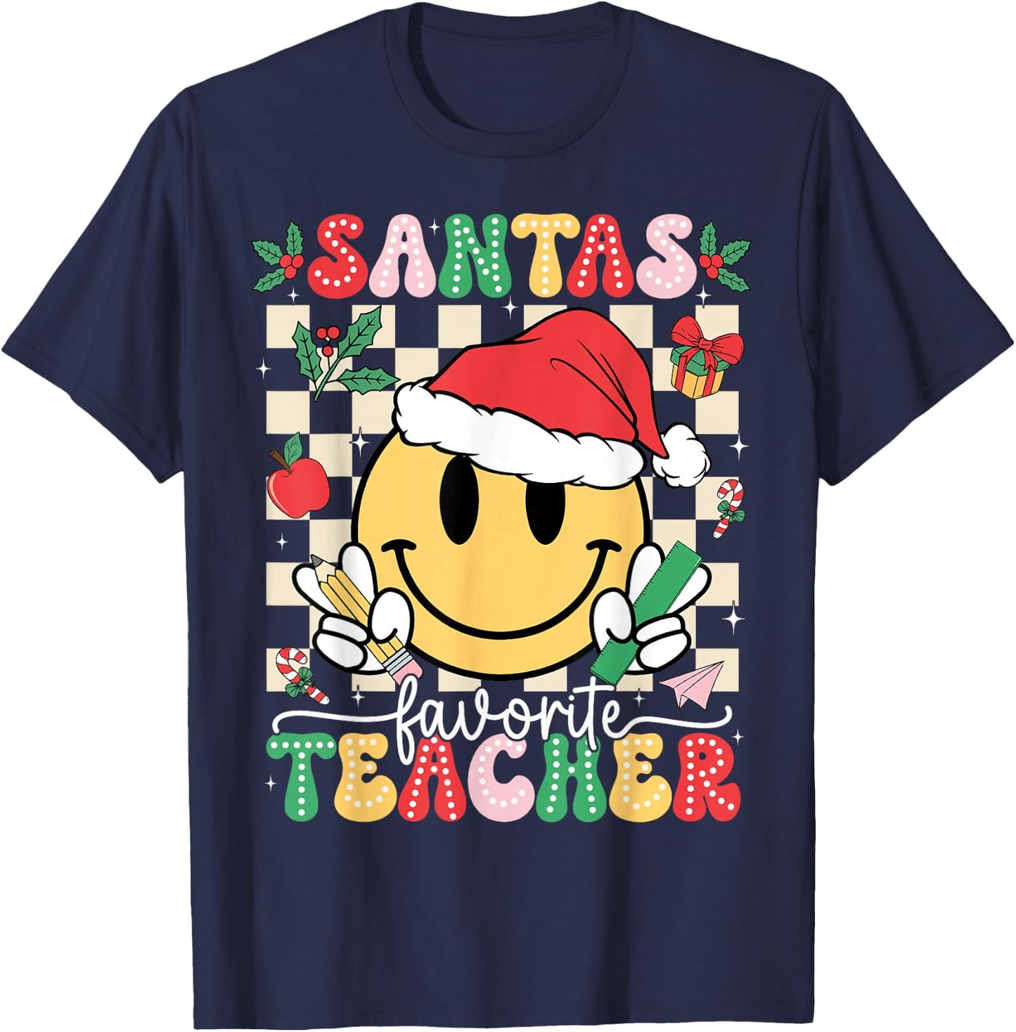 Santas Favorite Teacher Retro Groovy Smile Face Christmas T-Shirt - T-Shirt | Navy