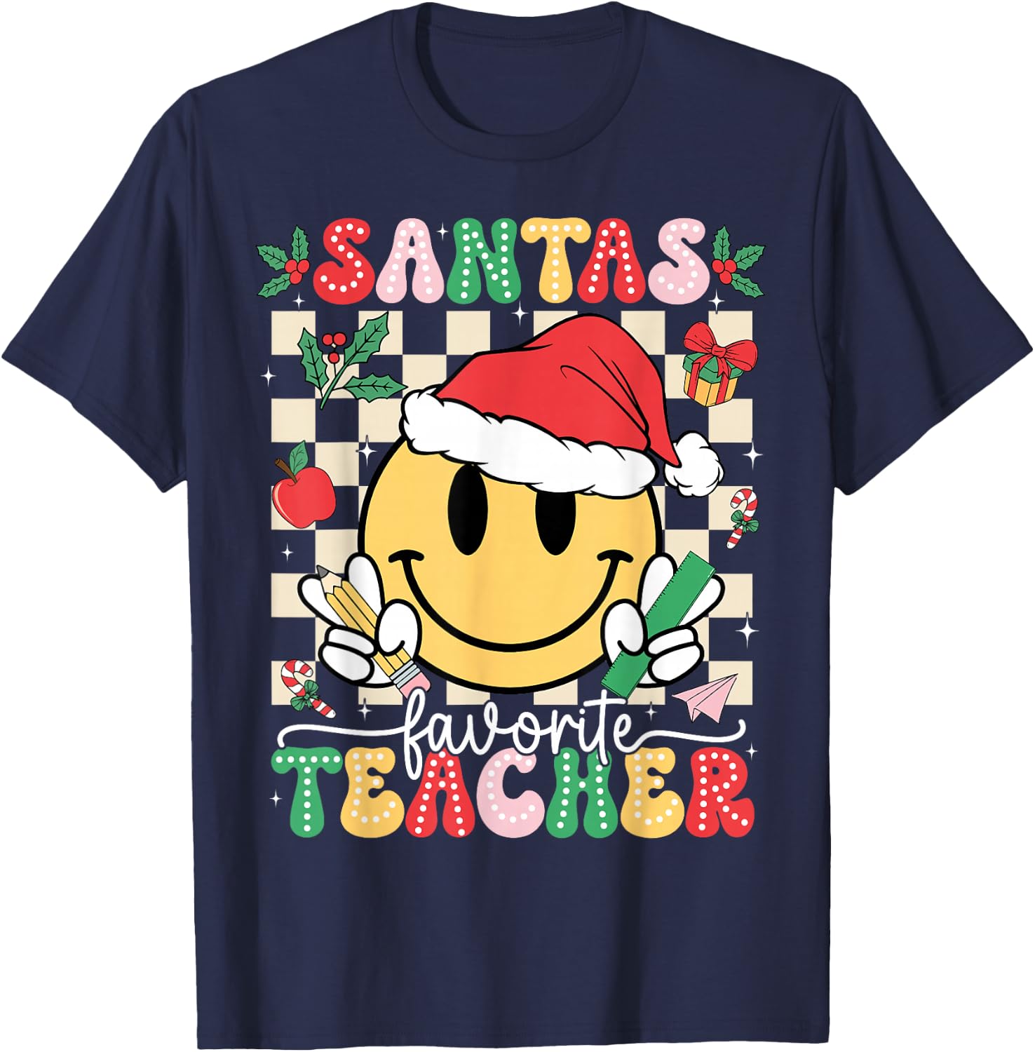 Santas Favorite Teacher Retro Groovy Smile Face Christmas T-Shirt - T-Shirt | Navy